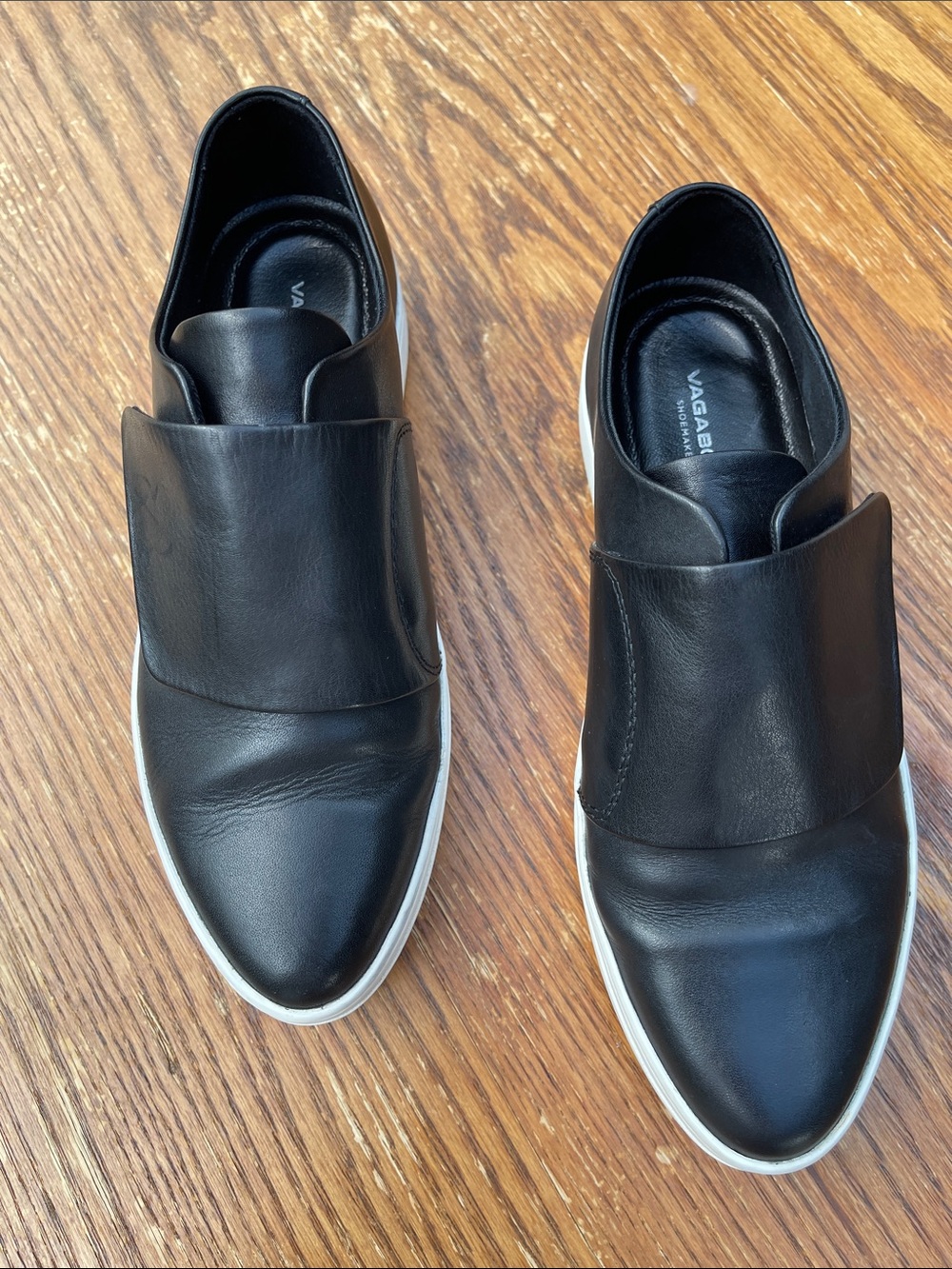 Vagabond Black Leather Slip-On Loafers with White Sole